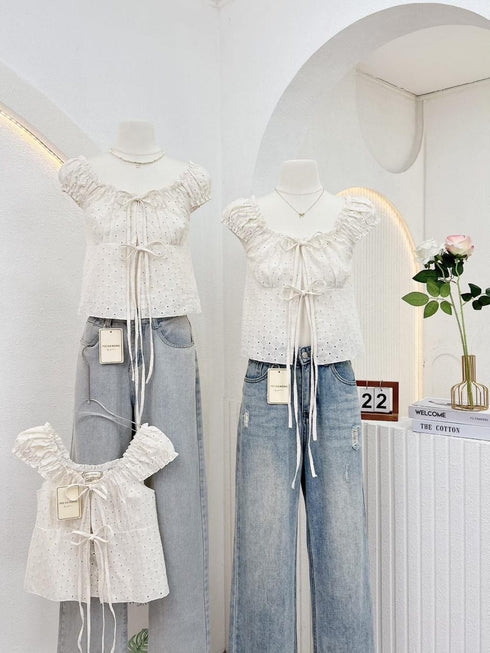 Cotton Hollow Out Tie Tops